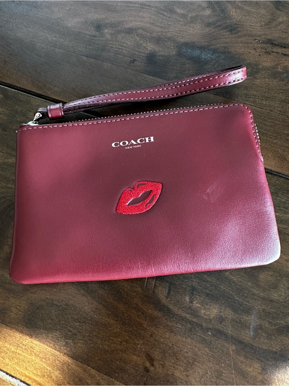 Coach Red Leather Wristlet with Lip Patch Accent